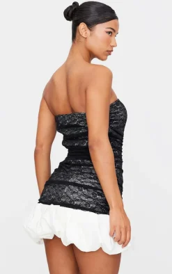Black Lace Bandeau Puff Hem Mini Dress