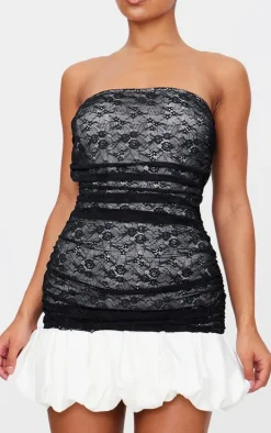 Black Lace Bandeau Puff Hem Mini Dress