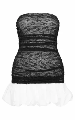 Black Lace Bandeau Puff Hem Mini Dress