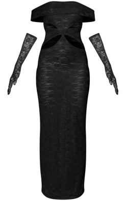 Black Lace Bardot Cut Out Maxi Dress