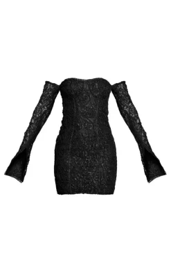 Black Lace Bardot Long Split Sleeve Bodycon Dress