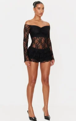 Black Lace Bardot Rara Skort Romper