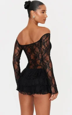 Black Lace Bardot Rara Skort Romper