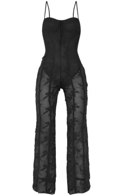 Black Lace Binding Detail Strappy Sheer Jumpsuit