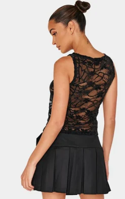 Black Lace Boat Neck Long Top
