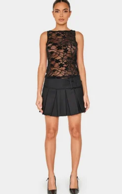 Black Lace Boat Neck Long Top