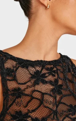 Black Lace Boat Neck Long Top