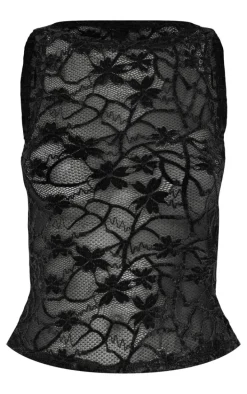 Black Lace Boat Neck Long Top