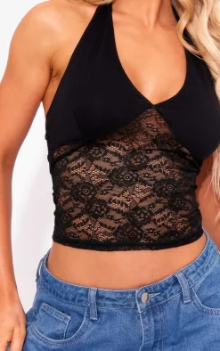 Black Lace Body Cotton Bust Halterneck Top