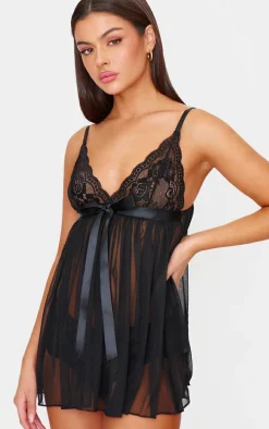 Black Lace Bow Detail Babydoll