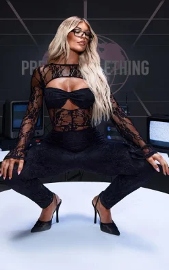 Black Lace Bust Detail Long Sleeve Jumpsuit