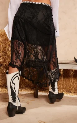 Black Lace Contrast Waist Asymmetric Hem Midi Skirt