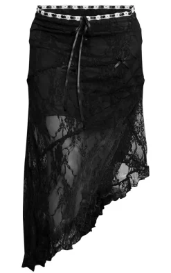 Black Lace Contrast Waist Asymmetric Hem Midi Skirt