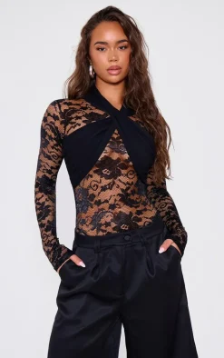 Black Lace Cross Front Bodysuit