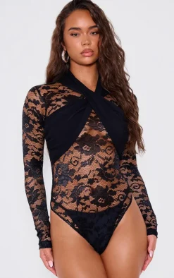 Black Lace Cross Front Bodysuit