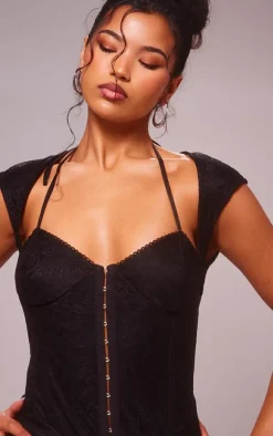 Black Lace Cup Detail Short Sleeve Mini Dress