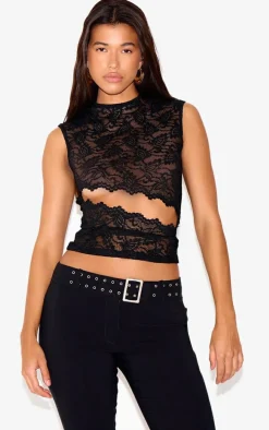 Black Lace Cut Out Detail Long Top