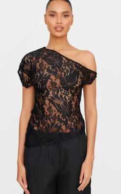 Black Lace Detail Asymmetric Longline Top