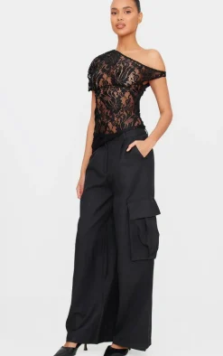 Black Lace Detail Asymmetric Longline Top