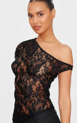 Black Lace Detail Asymmetric Longline Top
