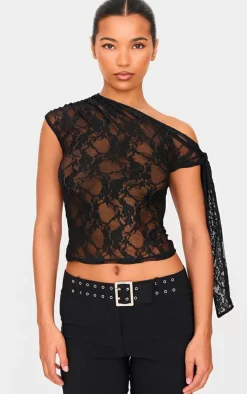 Black Lace Detail Tie Shoulder Asymmetric Long Top