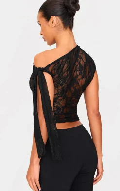 Black Lace Detail Tie Shoulder Asymmetric Long Top