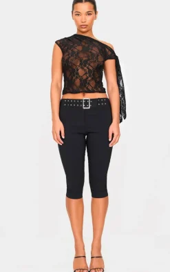 Black Lace Detail Tie Shoulder Asymmetric Long Top