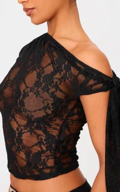 Black Lace Detail Tie Shoulder Asymmetric Long Top