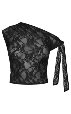 Black Lace Detail Tie Shoulder Asymmetric Long Top