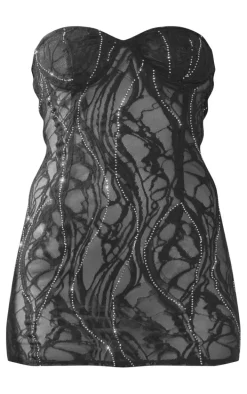 Black Lace Diamante Bandeau Bodycon Dress