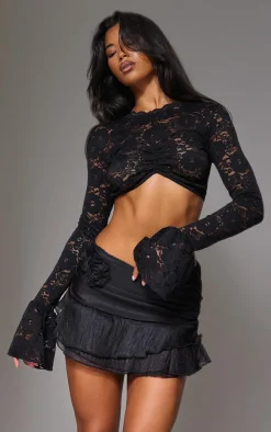 Black Lace Extreme Crop Long Sleeve Top