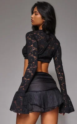 Black Lace Extreme Crop Long Sleeve Top