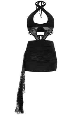 Black Lace Extreme Cut Out Frill Detail Mini Dress