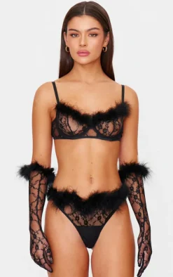 Black Lace Feather Trim Lingerie Set with Gloves