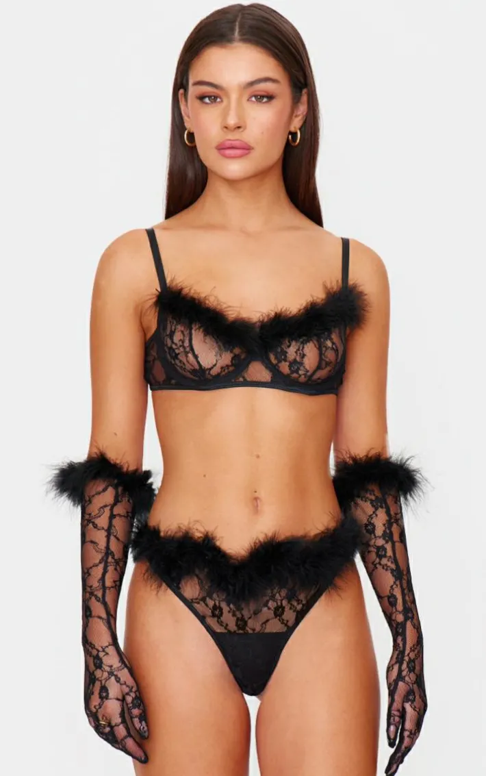 Black Lace Feather Trim Lingerie Set with Gloves
