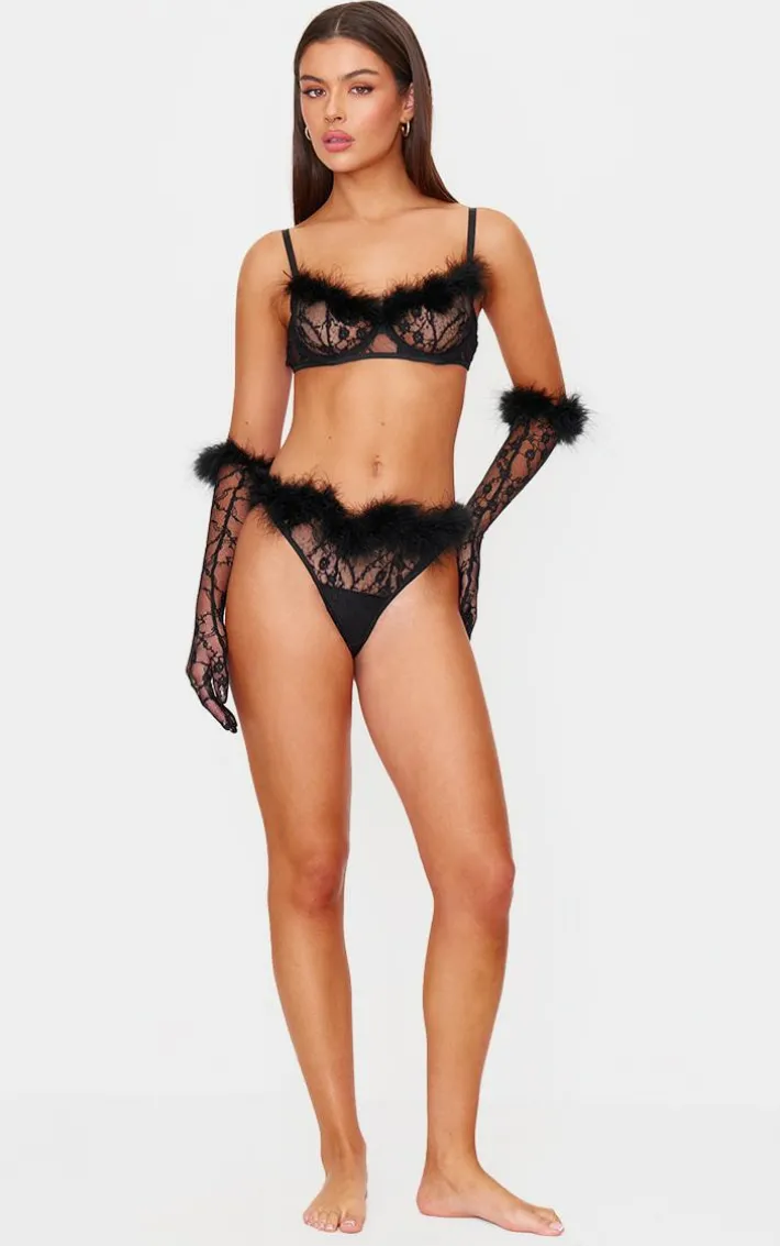Black Lace Feather Trim Lingerie Set with Gloves