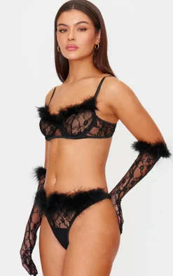 Black Lace Feather Trim Lingerie Set with Gloves