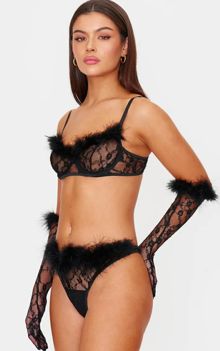 Black Lace Feather Trim Lingerie Set with Gloves