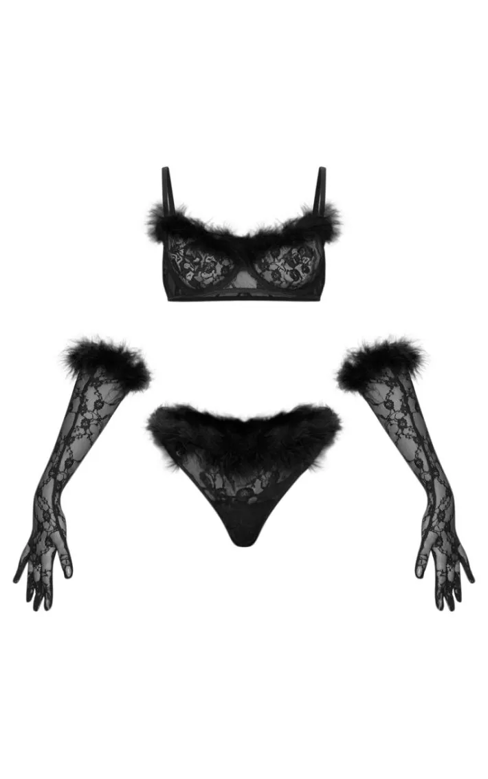 Black Lace Feather Trim Lingerie Set with Gloves