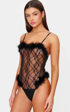 Black Lace Feather Trim Lingerie Bodysuit