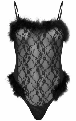Black Lace Feather Trim Lingerie Bodysuit