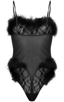 Black Lace Feather Trim Lingerie Bodysuit