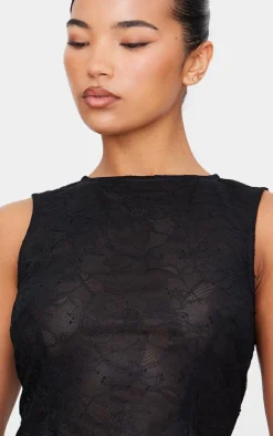 Black Lace Fitted Sleeveless Long Line Top