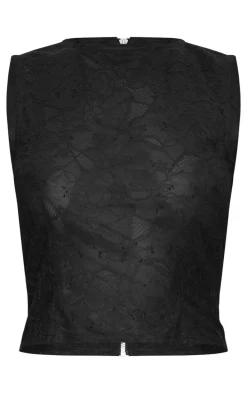 Black Lace Fitted Sleeveless Long Line Top