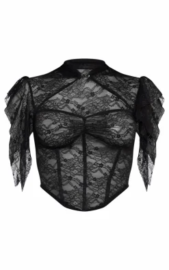 Black Lace Frill Boned Dip Hem Corset Top