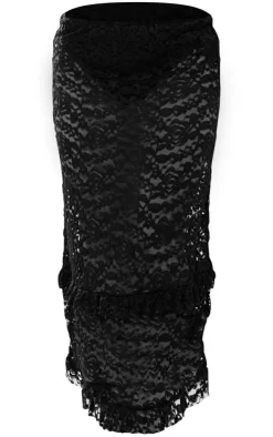 Black Lace Frill Trim Midi Skirt