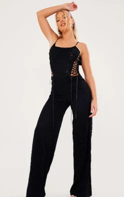 Black Lace Lace Up Strappy Jumpsuit