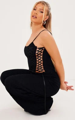 Black Lace Lace Up Strappy Jumpsuit