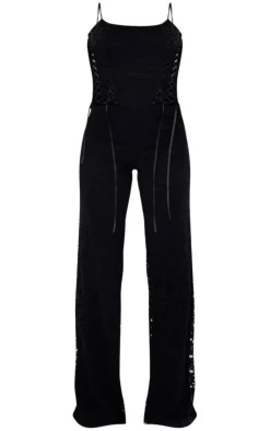 Black Lace Lace Up Strappy Jumpsuit