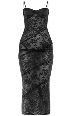 Black Lace Panelled Satin Cup Maxi Dress